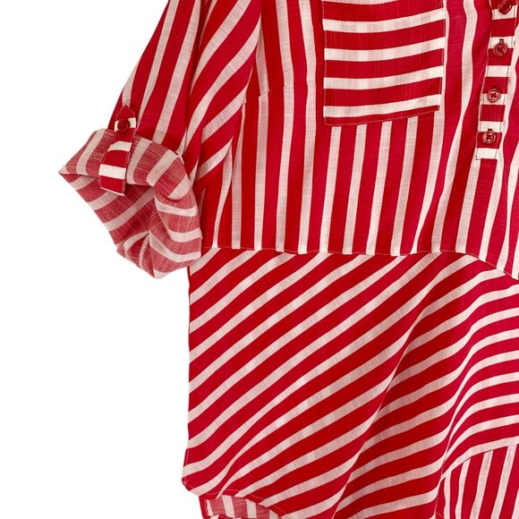 stripped red& white  blouse top V-neck chest pockets  3/4 sleeve size large - Picture 6 of 12